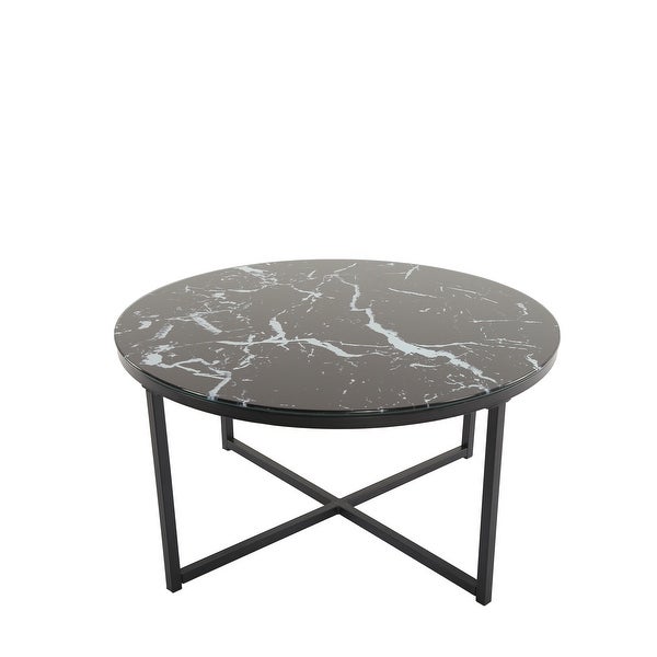 EPOWP Cross Legs Glass Coffee Table with Metal Base， Marble Black Color Top