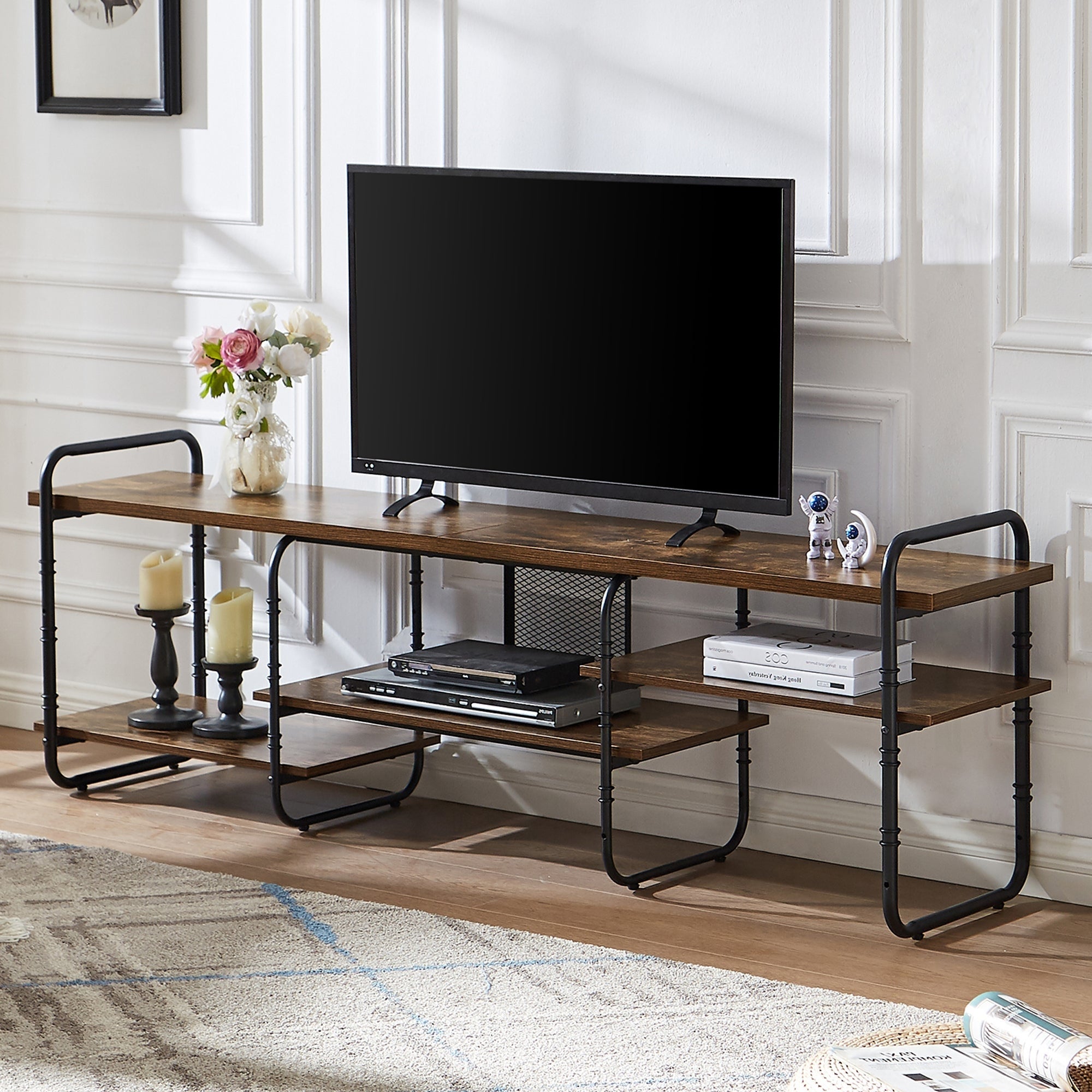 VECELO Industrial TV Stand for TV up to 71 inch，Entertainment Center TV Console Table