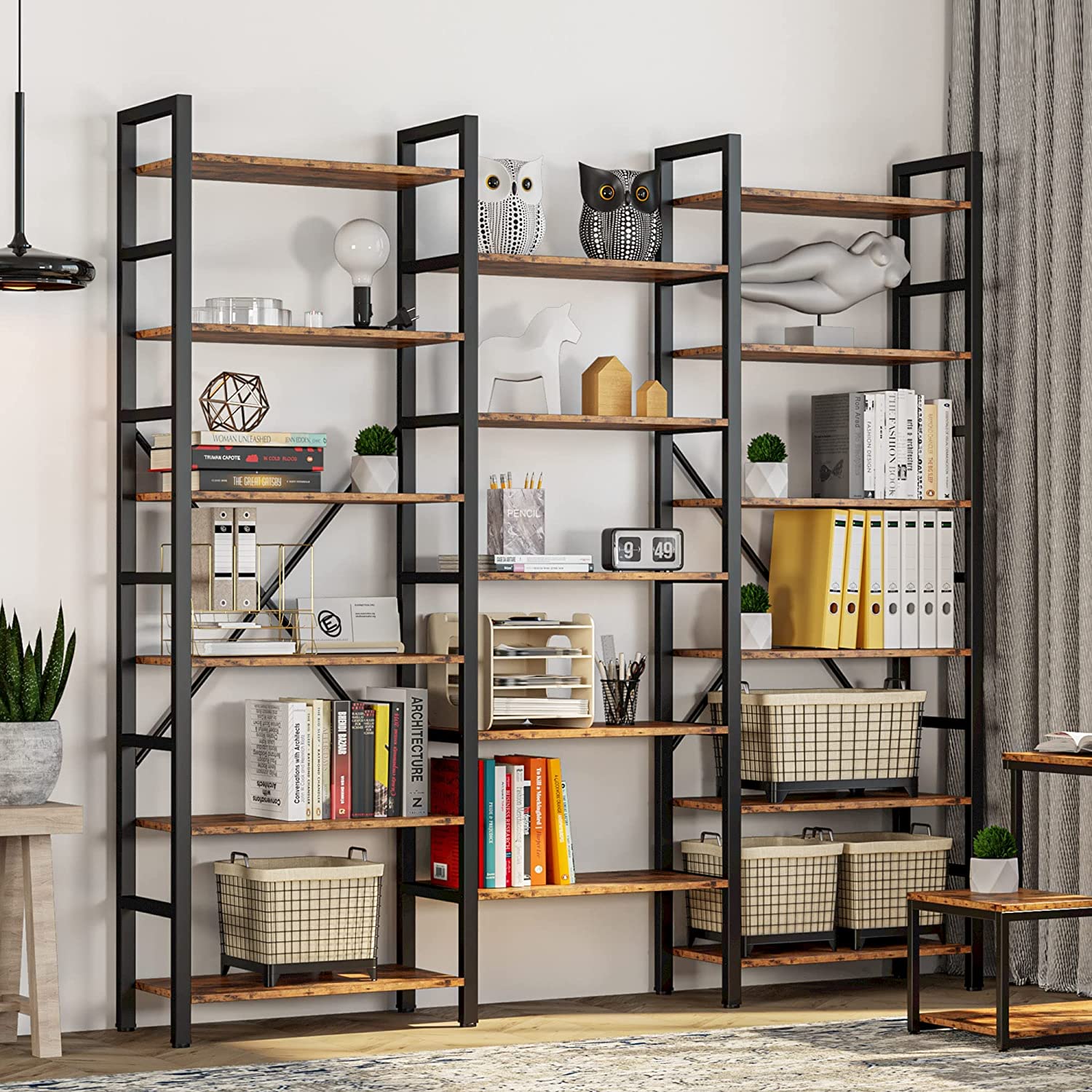 Triple Wide 6 Tiers Industrial Bookshelf, Large Etagere Bookcases and Bookshelves Open Display Shelves with Metal Frame