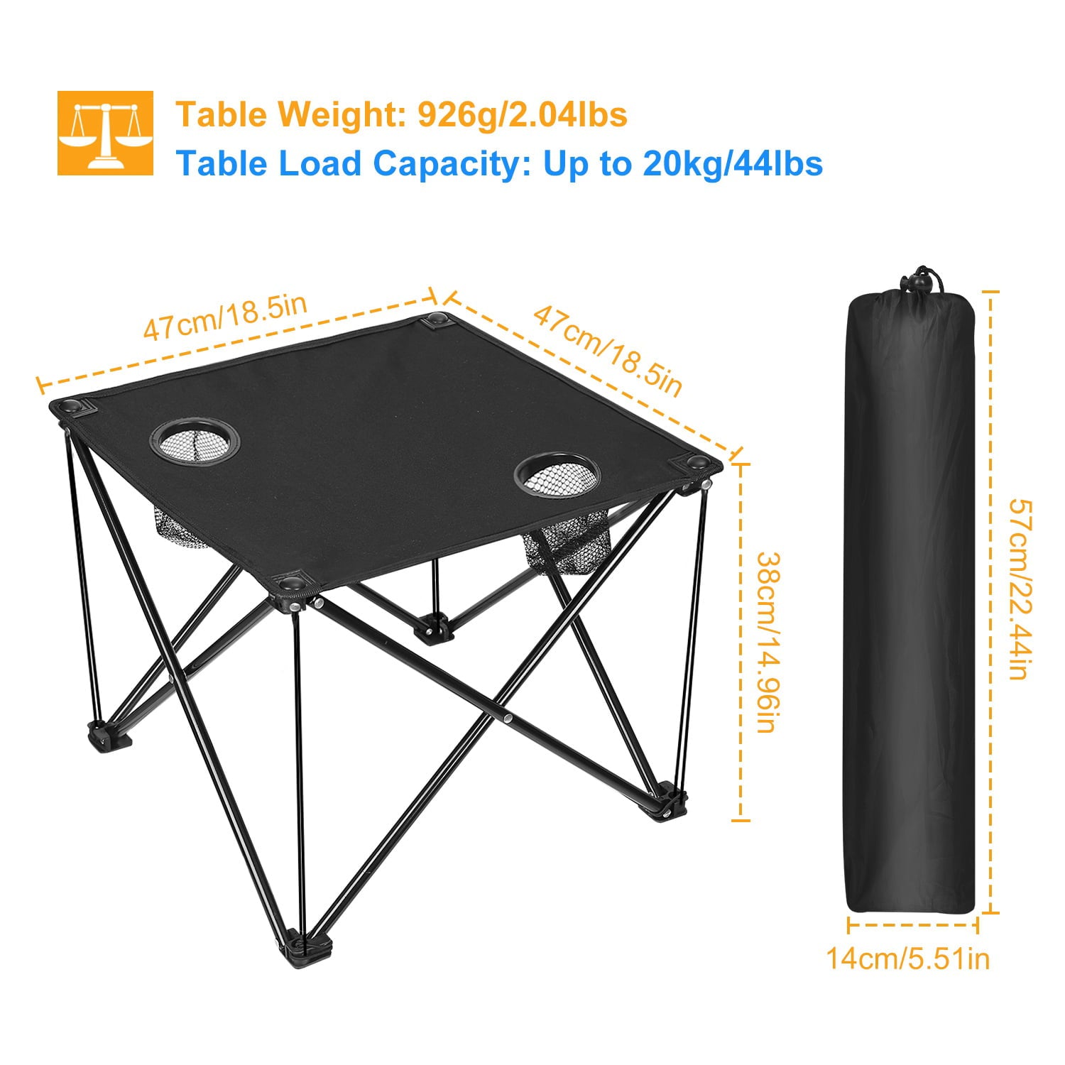 iMounTEK Portable Camping Folding Table Picnic Table Lightweight Travel Desk with Cup Holder Carrying Bag Beach Tables for Barbecue and Fishing， 18.5 in， 18.5 in