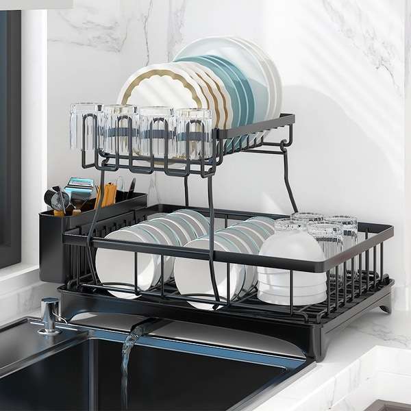 WZCPCV 2-Tier Dish Drying Rack， Rustproof Dish Drainer with Utensil Holder， Cup Holder and Drain