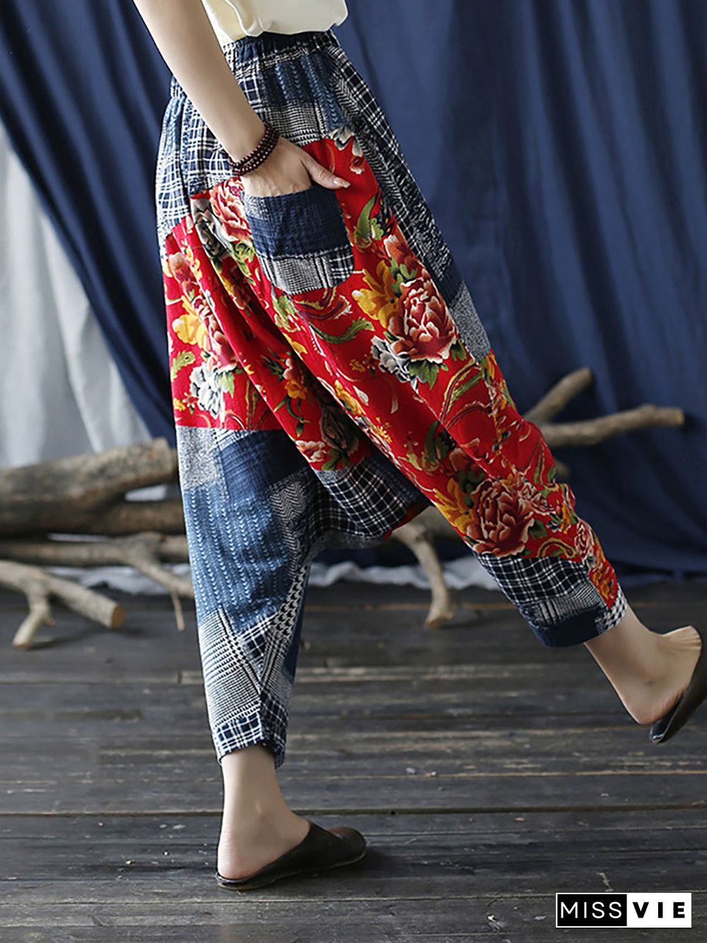 Plus Size Patchwork Plaid Women Casual Elastic Waist Pants