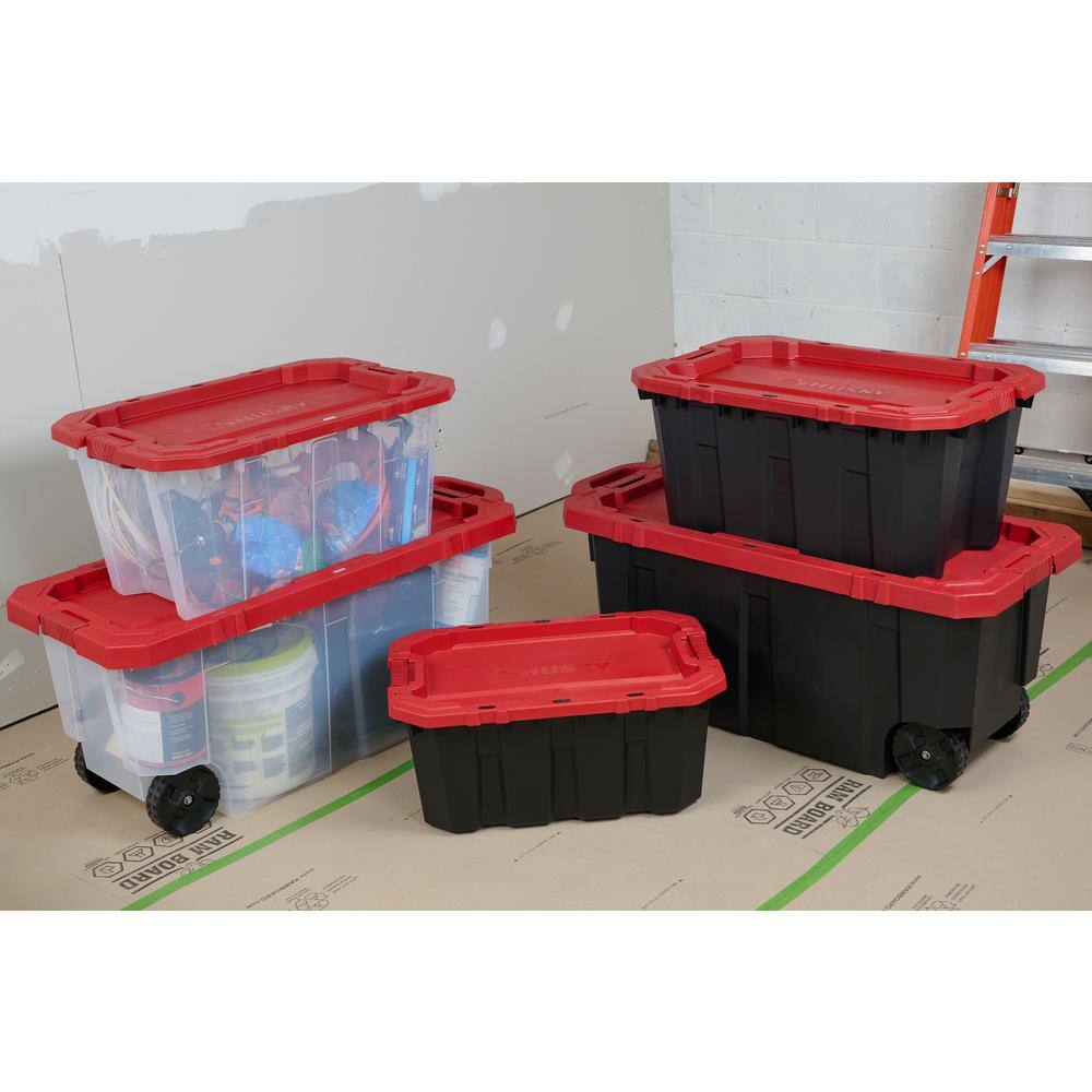 Husky 25 Gal. Latch and Stack Tote in Clear with Red Lid 206234