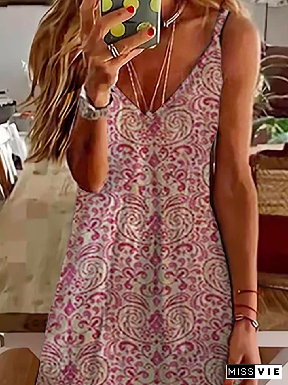 Plus size Boho Printed V Neck Sleeveless Dress