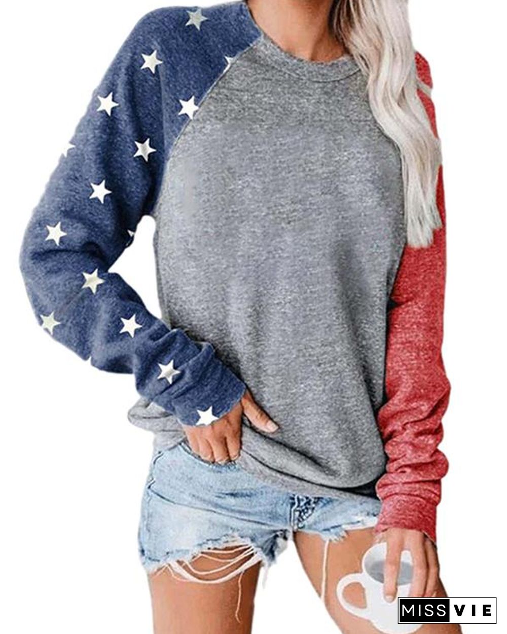 Plus Size Long Sleeve Letter Printed Color Stitching Top