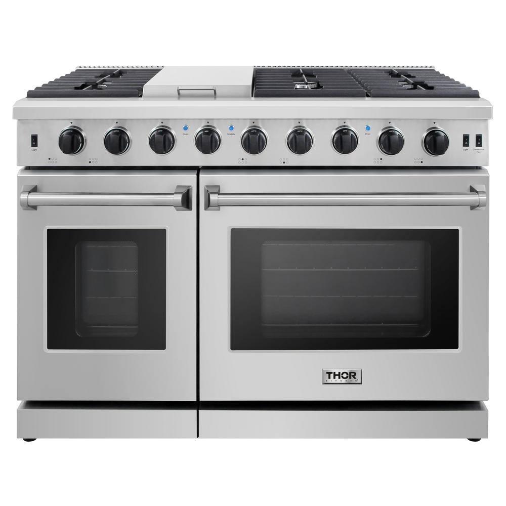 Thor Kitchen Pre-Converted Propane 48 in. 6.8 cu. ft. Double Oven Gas Range in Stainless Steel with Griddle and 6-Burners LRG4807ULP