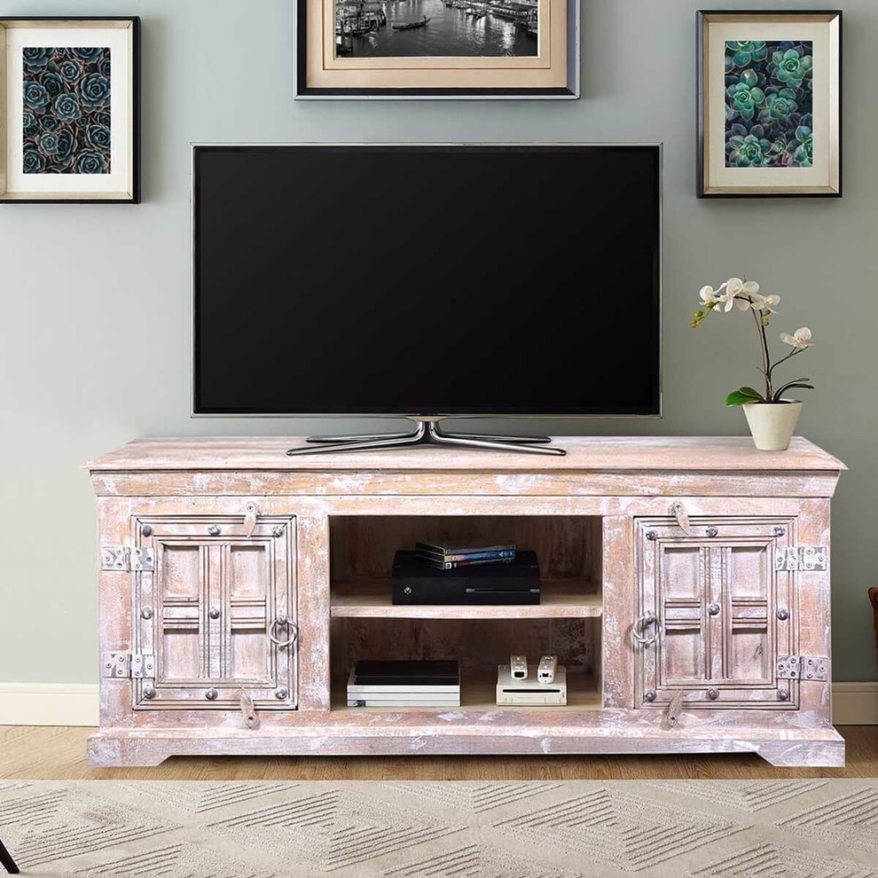 Mesick White Wash Reclaimed Wood TV Stand Media Console   Farmhouse   Entertainment Centers And Tv Stands   by Sierra Living Concepts Inc  Houzz