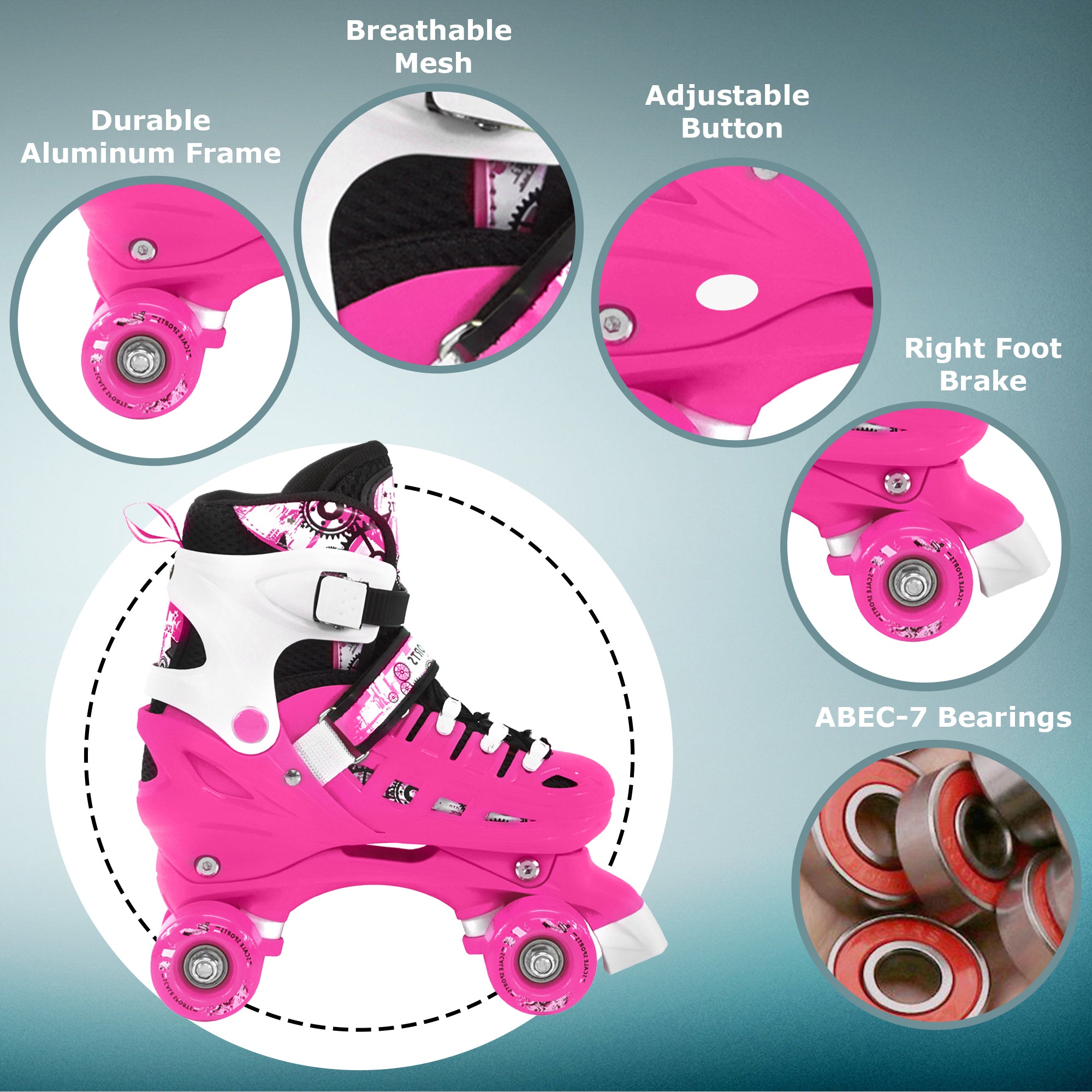 Adjustable Pink Quad Roller Skates For Kids Small Sizes