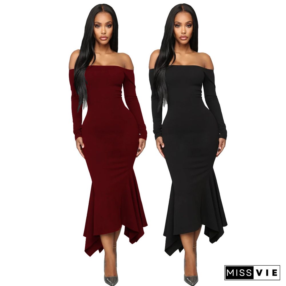 Women Solid Off Shoulder Irregular Hem Maxi Dress