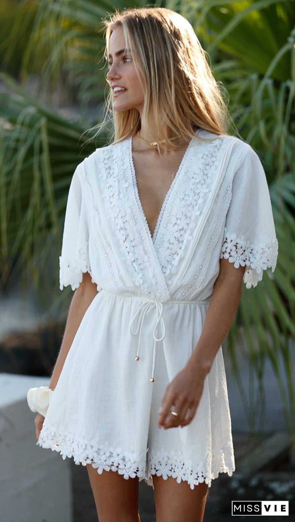 White Patched Lace Waist-Tie Rompers