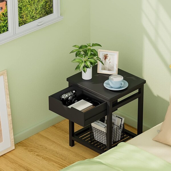 Nightstand Bedside Table with Drawer End Table with Shelf Bamboo Side Table for Bedroom， Living Room， Small Space