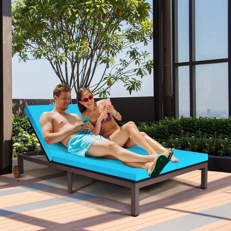 2-Person Rattan Patio Daybed Double Outdoor Chaise Lounge Chair with Adjustable Backrest, Wheels & Cushion