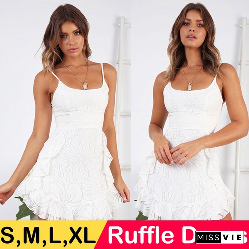 Summer Dress Sleeveless Spaghetti Strap Mini Ruffle Dress Women White Elegant Party Dress Vestidos