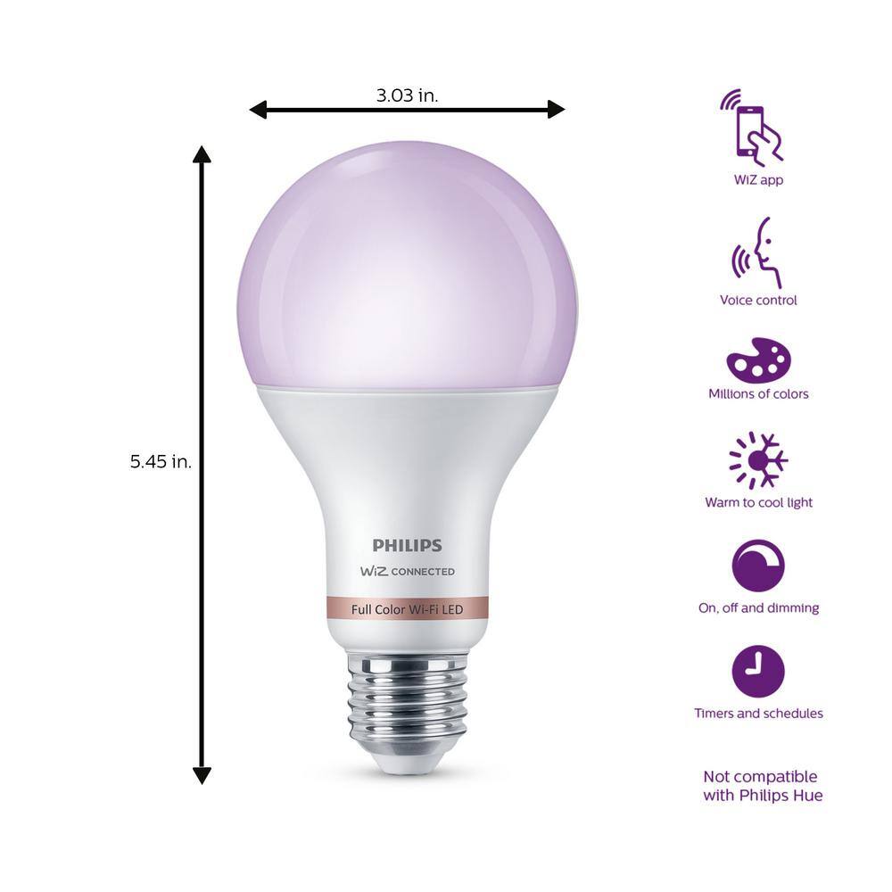 Philips 100-Watt Equivalent A21 LED Smart Wi-Fi Colr Changing Light Bulb powered by WiZ with Bluetooth (4-Pack) 562405