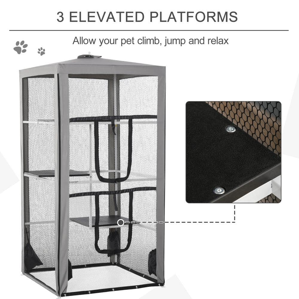 PawHut 79 in. H Indoor/Outdoor Cat House Kitten Enclosure with 3 Platforms, 2 Doors and 4 Sandbags for Stability D32-012