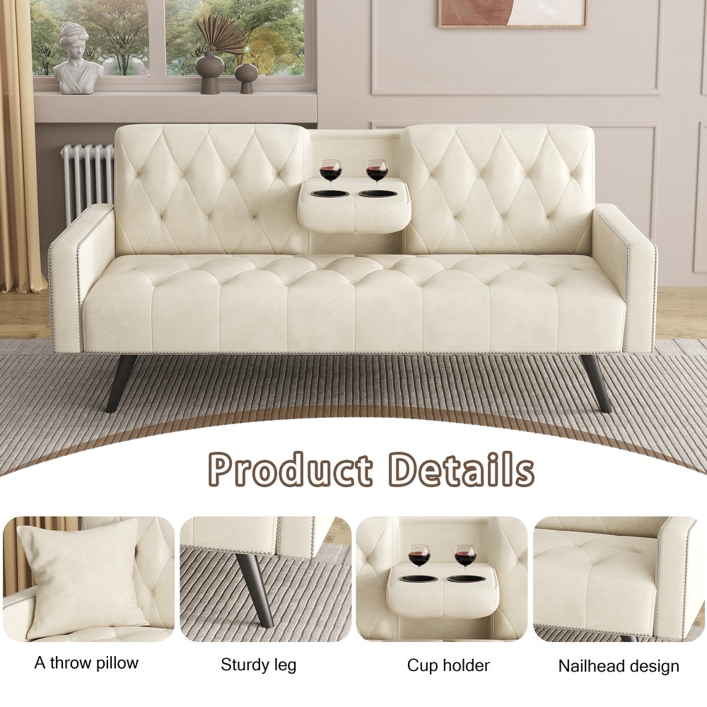 2 in 1 Folding Loveseat Sofa Bed Convertible Beige Sleeper Loveseat Settee with 2 Cup Holder and Nailhead Trim for Living Room