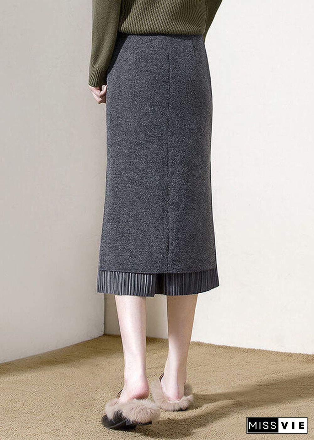 Vintage Grey High Waist Patchwork Side Open Woolen Wraped Skirts Winter