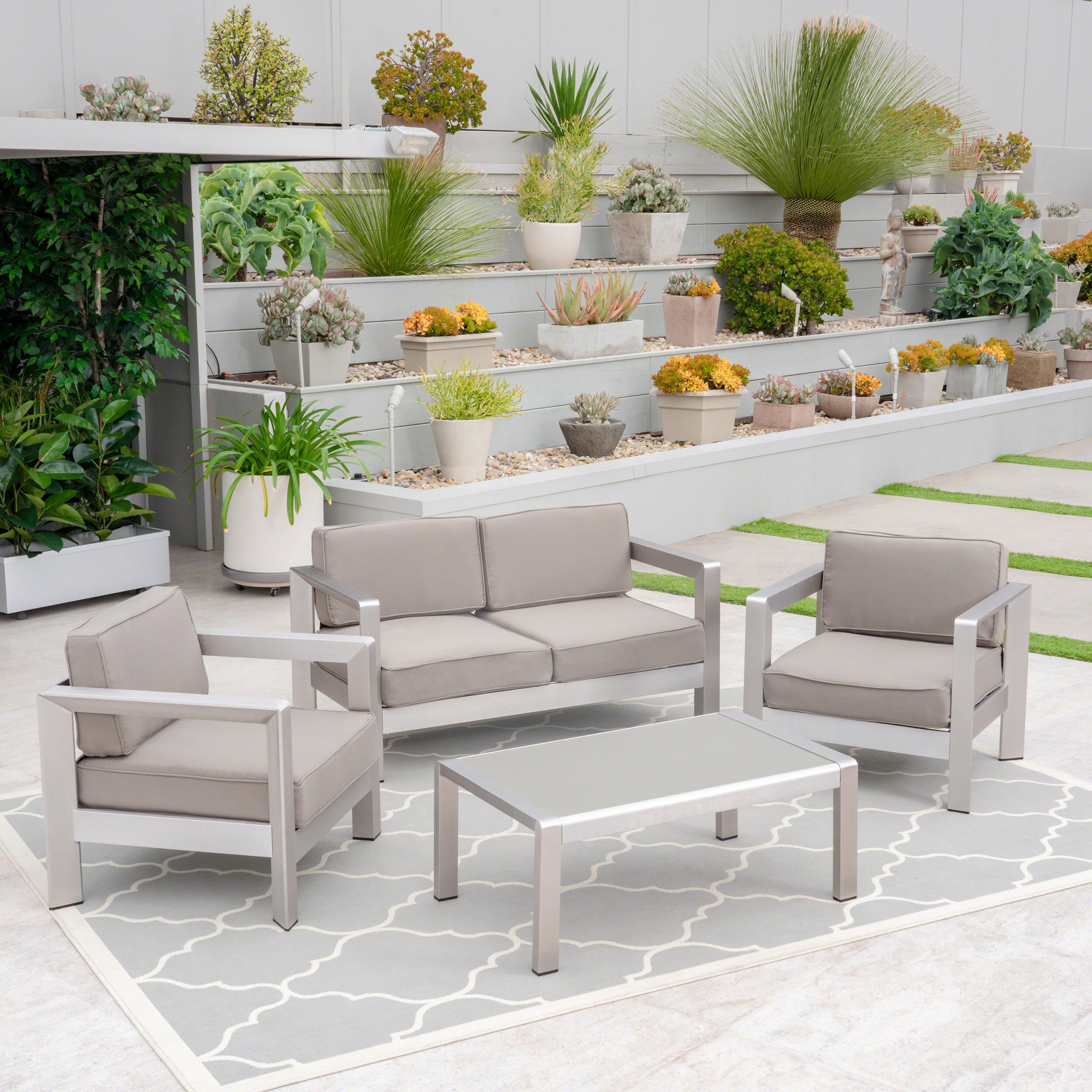 Booth Outdoor 4-Seater Aluminum Chat Set with Tempered Glass-Topped Coffee Table