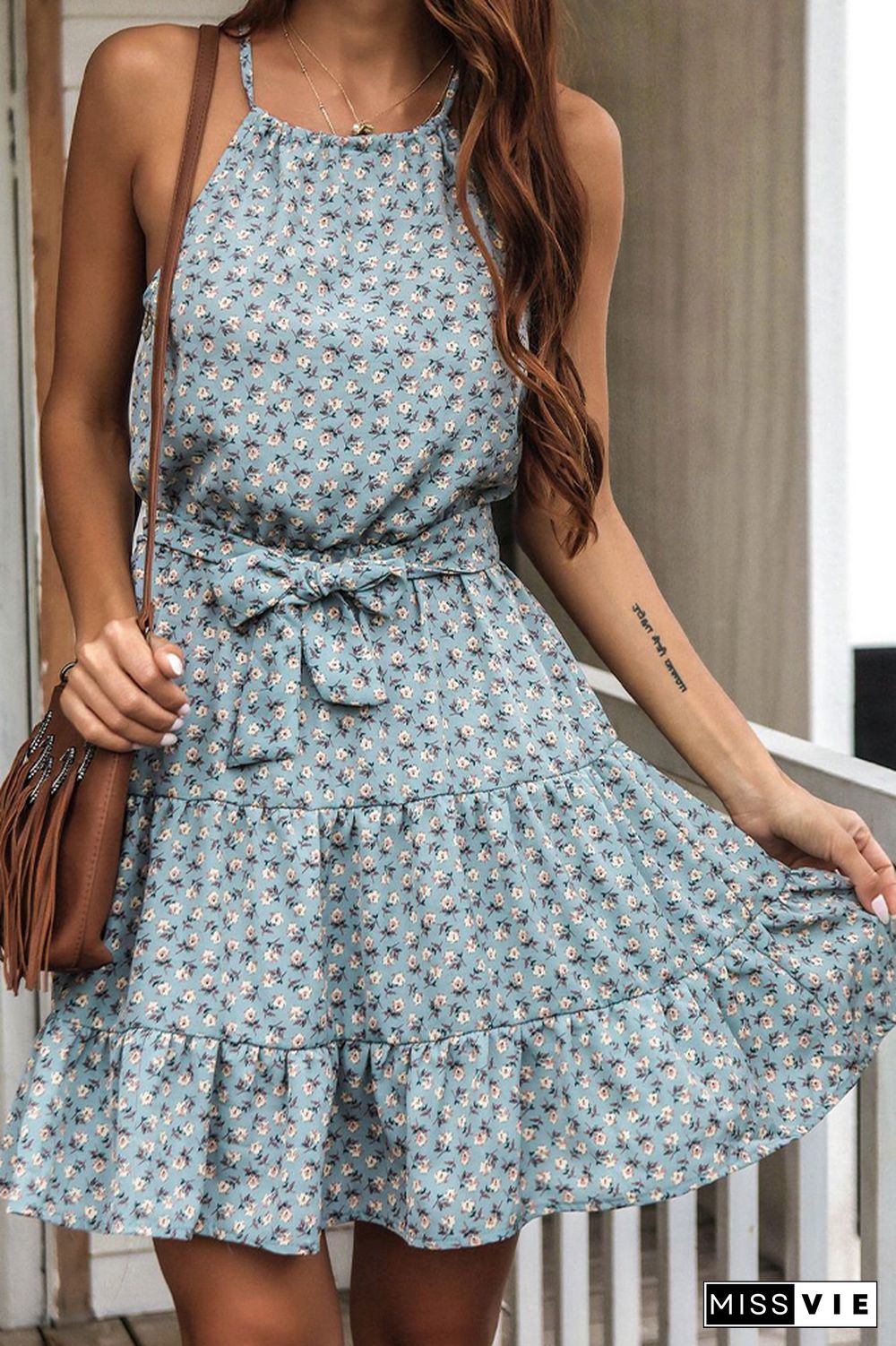 Floral Print Halter Mini Dress Wholesale