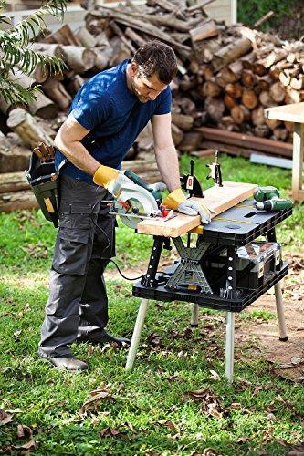 Keter – 197283 Folding Table Work Bench for Miter Saw Stand, Woodworking Tools and Accessories with Included 12 Inch Wood Clamps – Easy Garage Storage Black/Yellow