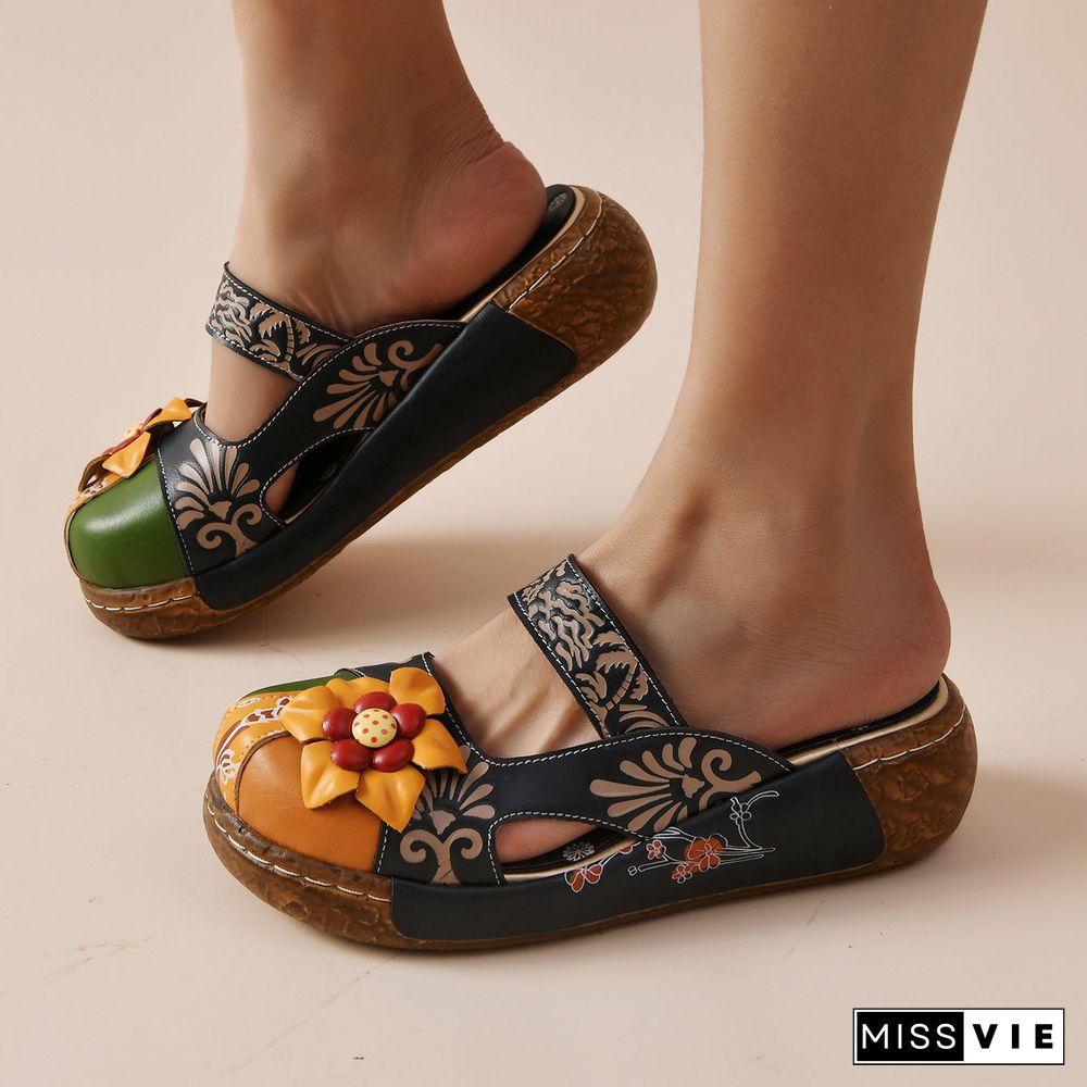 Ethnic Style Thick Heel Casual Flower Handmade Women's Sandals