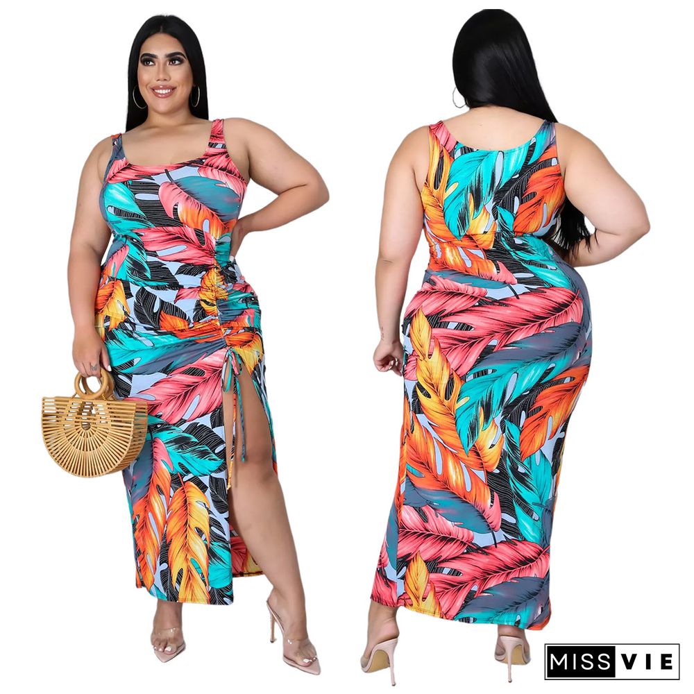 Women's Sexy Sleeveless Print Drawstring Tight High Waist Square Collar Summer Clothes Maxi Dress