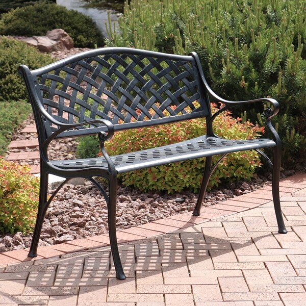 Sunnydaze 2Person Black Checkered Cast Aluminum Outdoor Patio Garden Bench