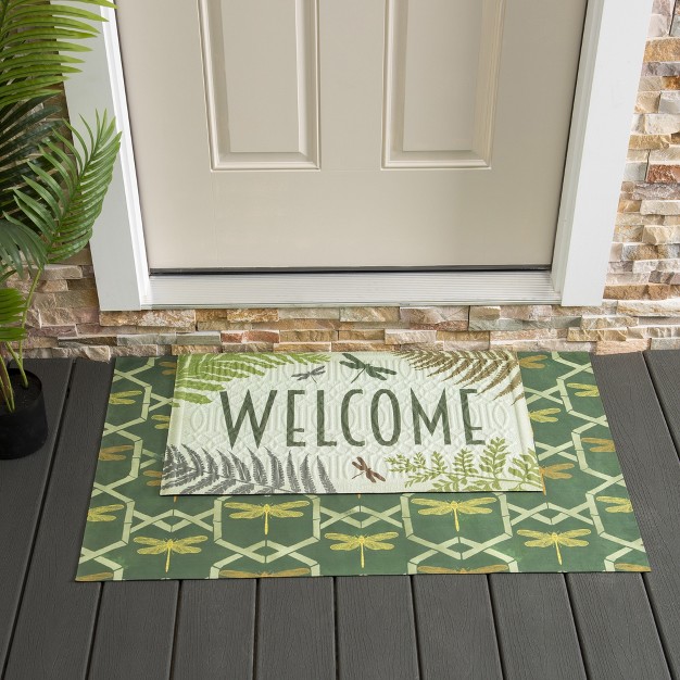 Evergreen Indoor outdoor Moss Green Welcome Dragonfly Outdoor Embossed Floor Mat 30 X 1 X 18 Inches