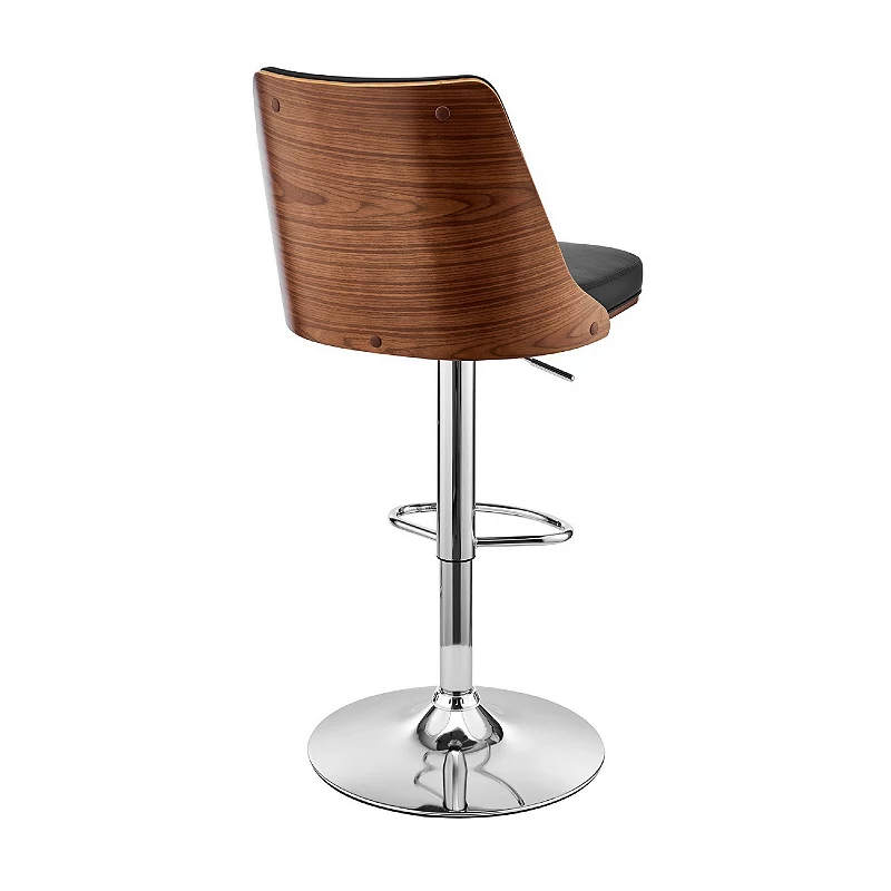 Adjustable Barstool with Faux Leather and Wooden Backing， Black and Brown