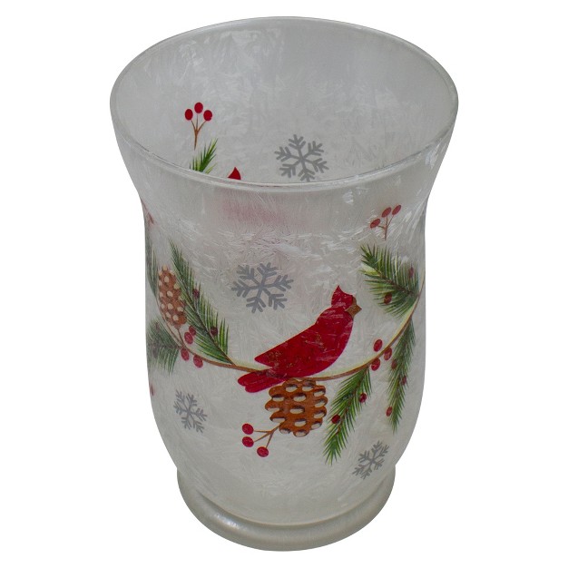 Hand Painted Christmas Cardinal And Pine Flameless Glass Candle Holder