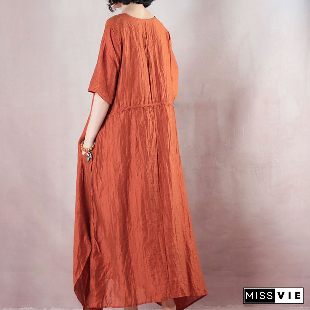 vintage orange linen maxi dress plus size clothing o neck tie waist linen maxi dress fine short sleeve gown