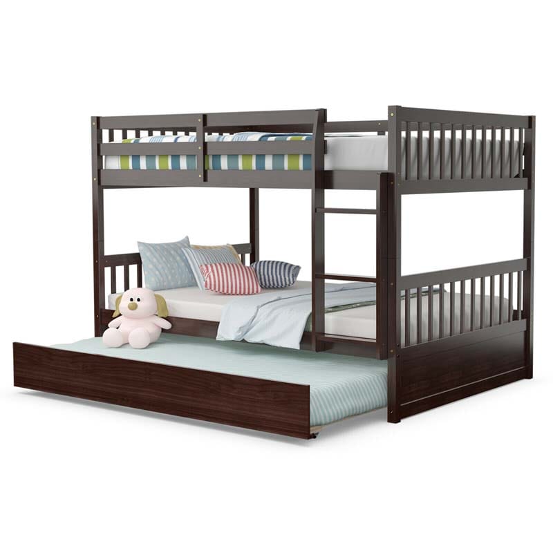 Solid Wood Full Over Full Bunk Bed Frame with Trundle, Safety Ladder & Guardrails, Convertible Bunk Bed for Kids Teens