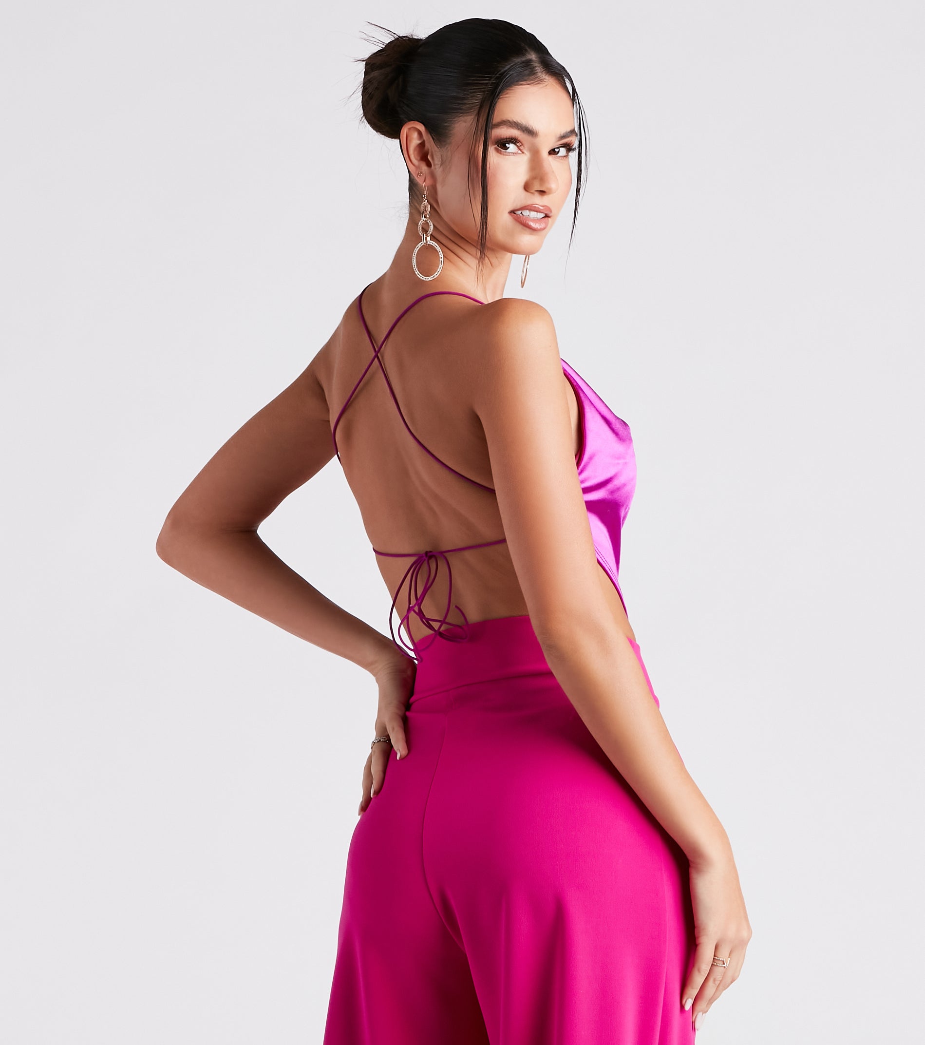 Satin Cowl Neck Strappy Crop Top