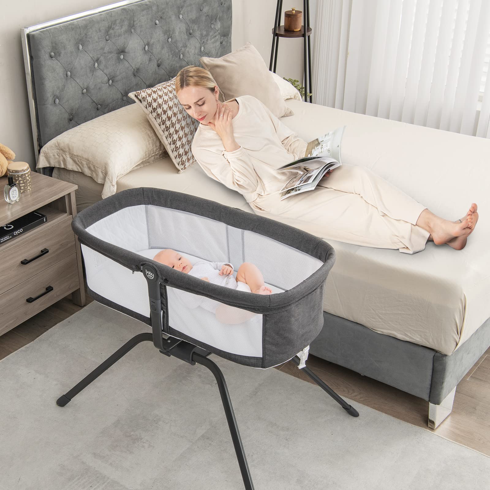 Costzon Manual Rocking Bedside Bassinet for Baby, Easy Folding Portable Baby Crib