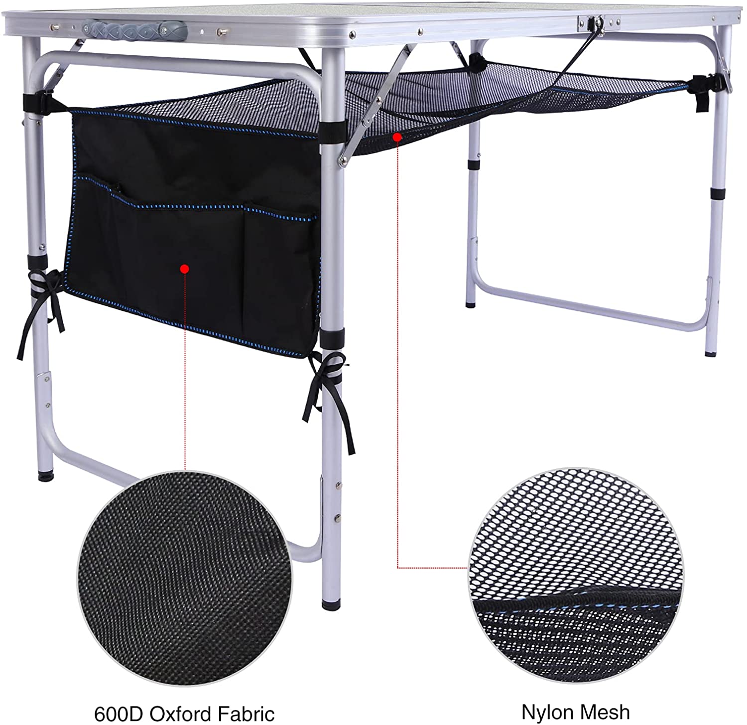 Lineslife 3 Foot Aluminum Folding Table with Mesh Storage Organizer， Lightweight Portable Camping Table for Picnic Beach Outdoor Indoor， White(2 Height)