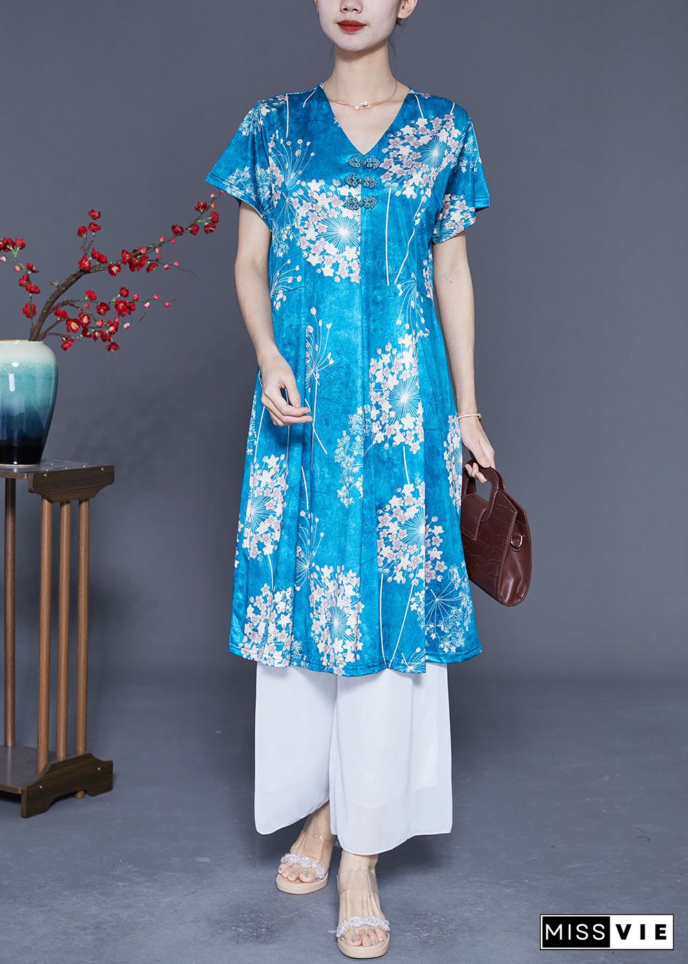 Lake Blue Print Silk A Line Dress Chinese Button Summer