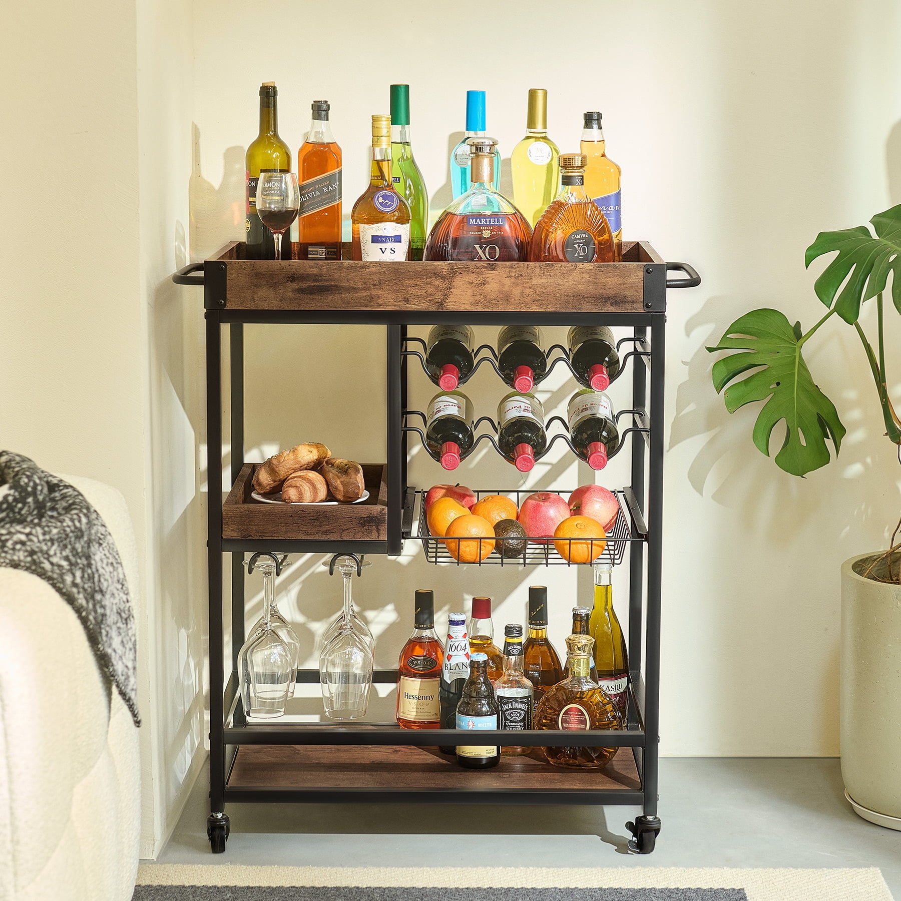 Bestco Bar Cart with Wine Rack Trays 3 Tier Kitchen Storage Cart with Locking and Wheels