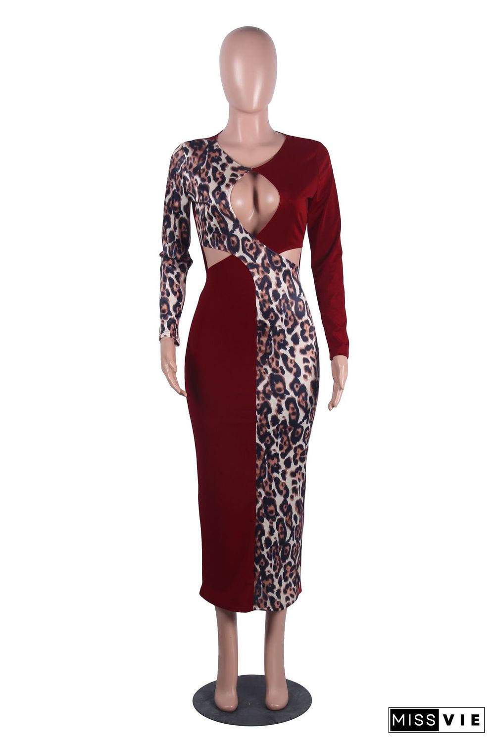 Leopard Patchwork Long Sleeve Cut Out Sexy Dresses