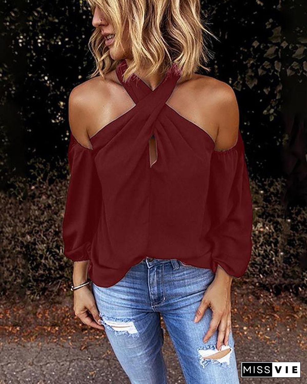 Women Fashion Blouse Halter Solid Color Shirt Casual Off Shoulder Plus Size Blouse