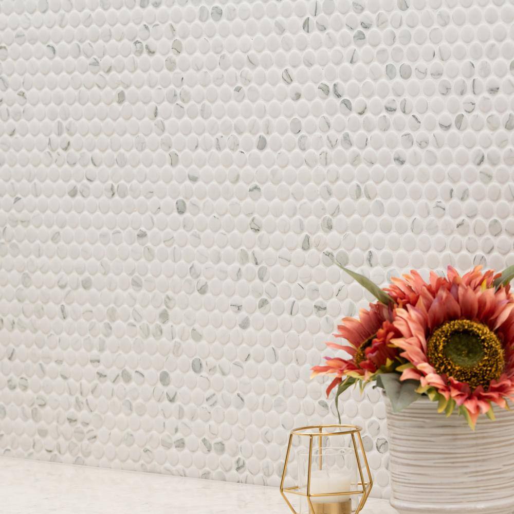 MSI Penny Round Carrara White 11.3 in. x 12.2 in. Matte Porcelain Mesh-Mounted Mosaic Tile (0.96 sq. ft.Each) PT-PENRD-CARM