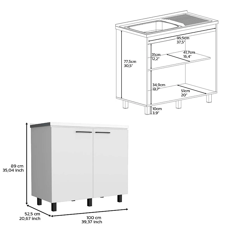 DEPOT E-SHOP Salento 2 Freestanding Utility Base Cabinet with Stainless Steel Countertop and 2-Door， White