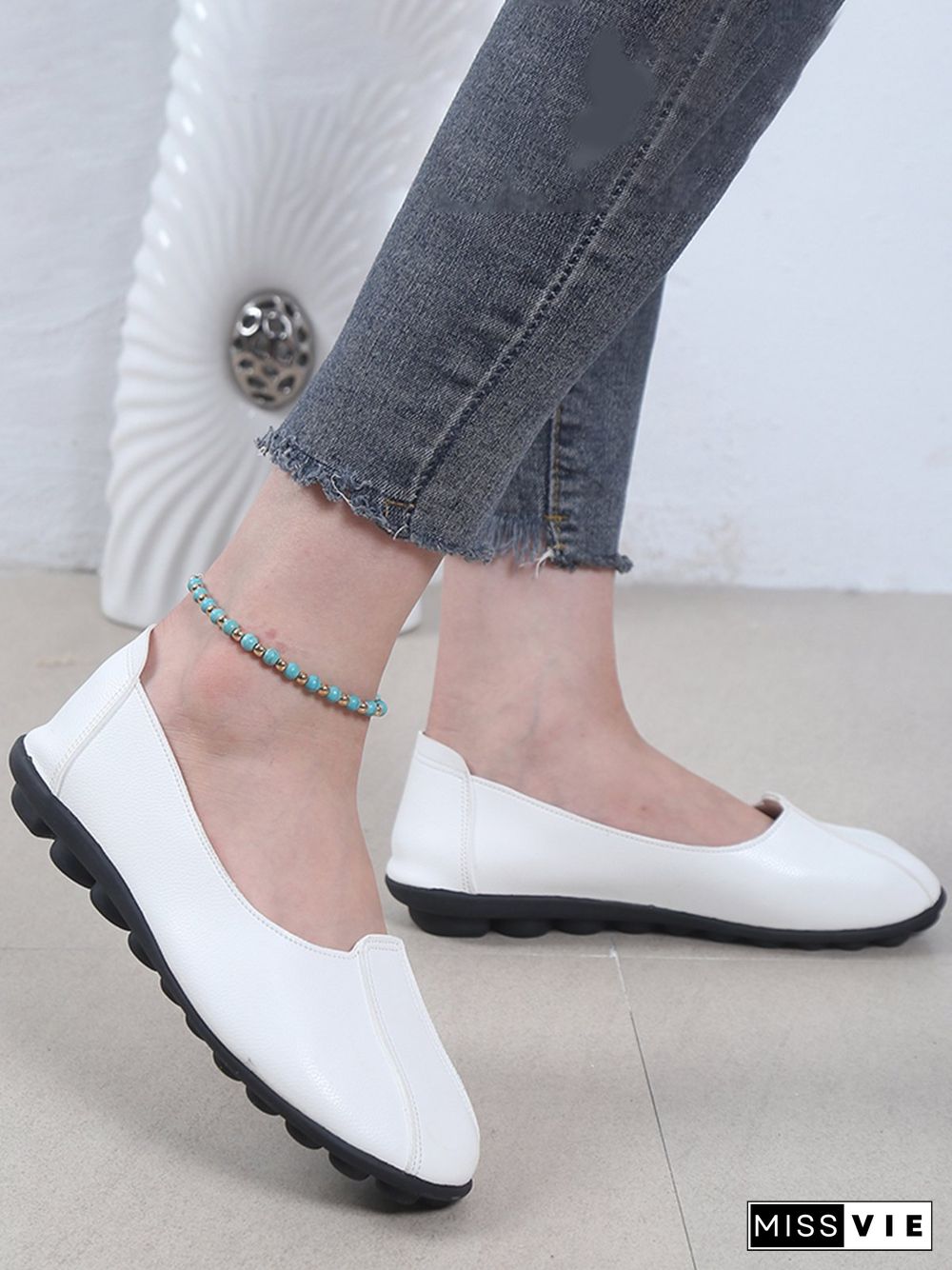 Women Casual Plain All Season Wearable Daily Flat Heel Pu Rubber Slip On Flats