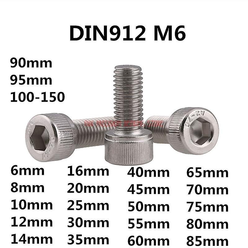 Din912 M6 Metric Thread 304 Stainless Steel Hex Socket Head Cap Screw Bolts M6*(6/8/10/12/14/16/18/20/22/25/30/35/40~150) Mm