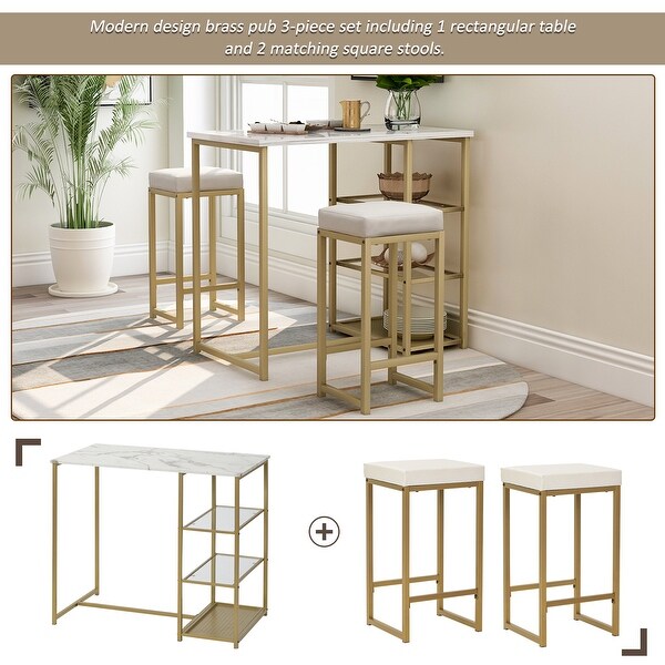 3-piece Modern Pub Set with Faux Marble Countertop and Bar Stools， White and Gold