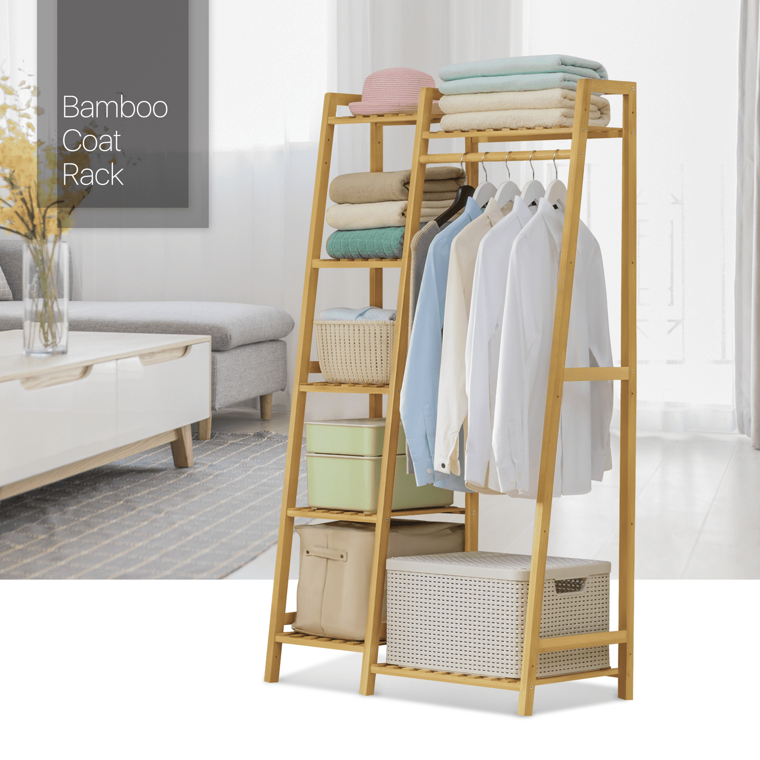 MoNiBloom Bamboo 5 Tiers Stable Trapezoid Coat Rack， Clothes Storage Shelf， Natural， for Bedroom