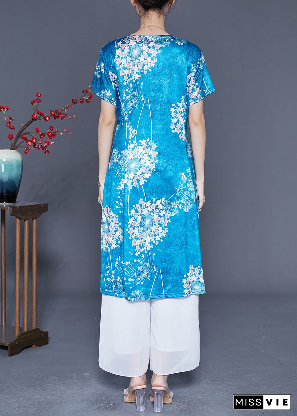 Lake Blue Print Silk A Line Dress Chinese Button Summer