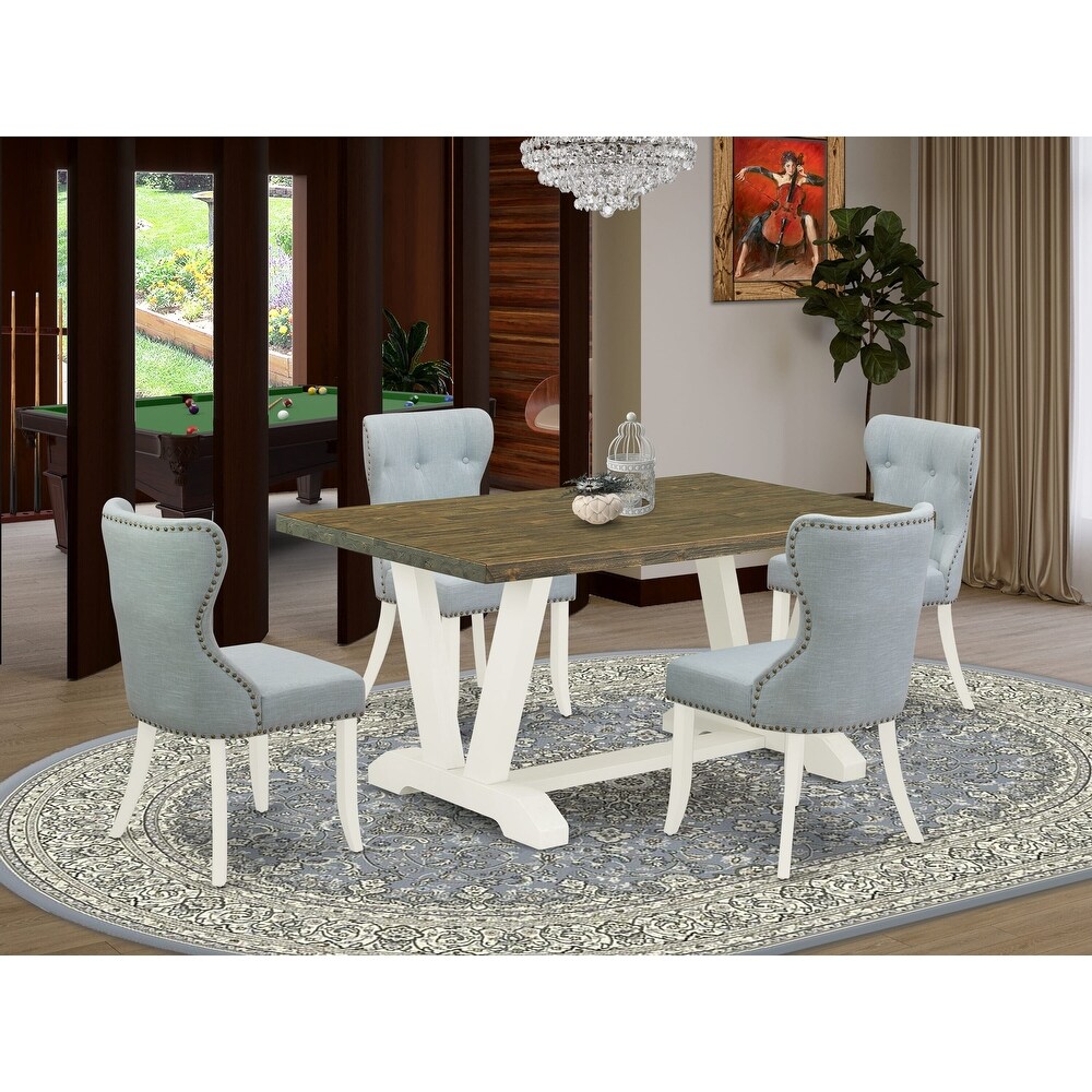 East West Furniture Dining Set  a Dining Table and Baby Blue Linen Fabric Parson Chairs  Linen White(Pieces Options)