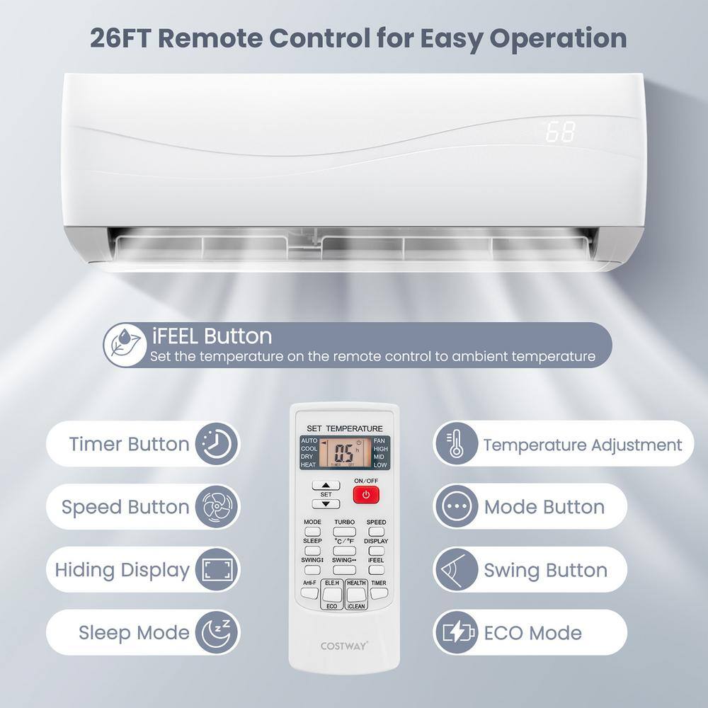 Costway 12000 (DOE) BTU Mini Split Air Conditioner Cools 750 Sq. Ft. with Heater Dehumidifier with Remote in White GHM0542