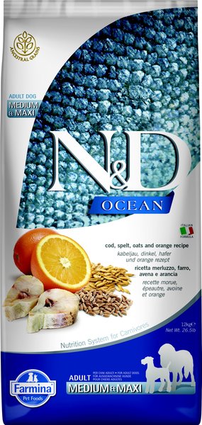 Farmina NandD Ocean Codfish and Orange Ancestral Grain Medium and Maxi Adult Dry Dog Food