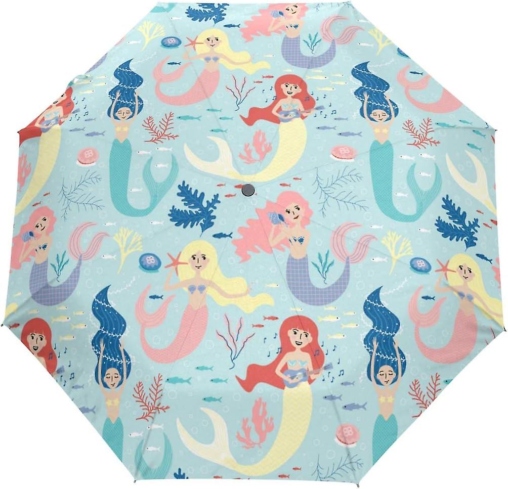 Travel Umbrella Automatic Windproof Foldable Umbrella Cute Mermaids Pattern